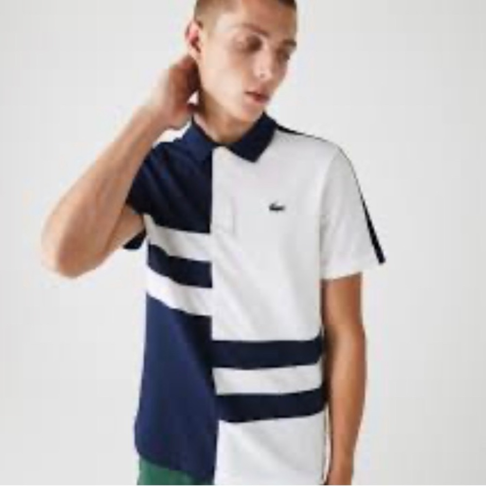 LaCoste Sport Blue and White Short Sleeved Color Block Polo Shirt